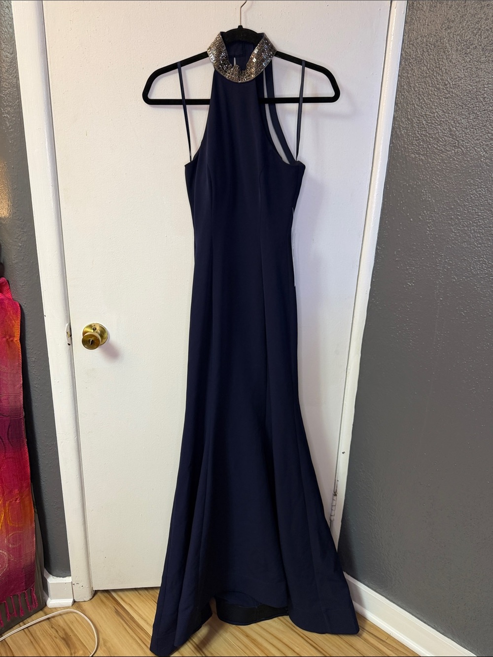 NWT Jump Navy Halter Gown with Beaded Collar